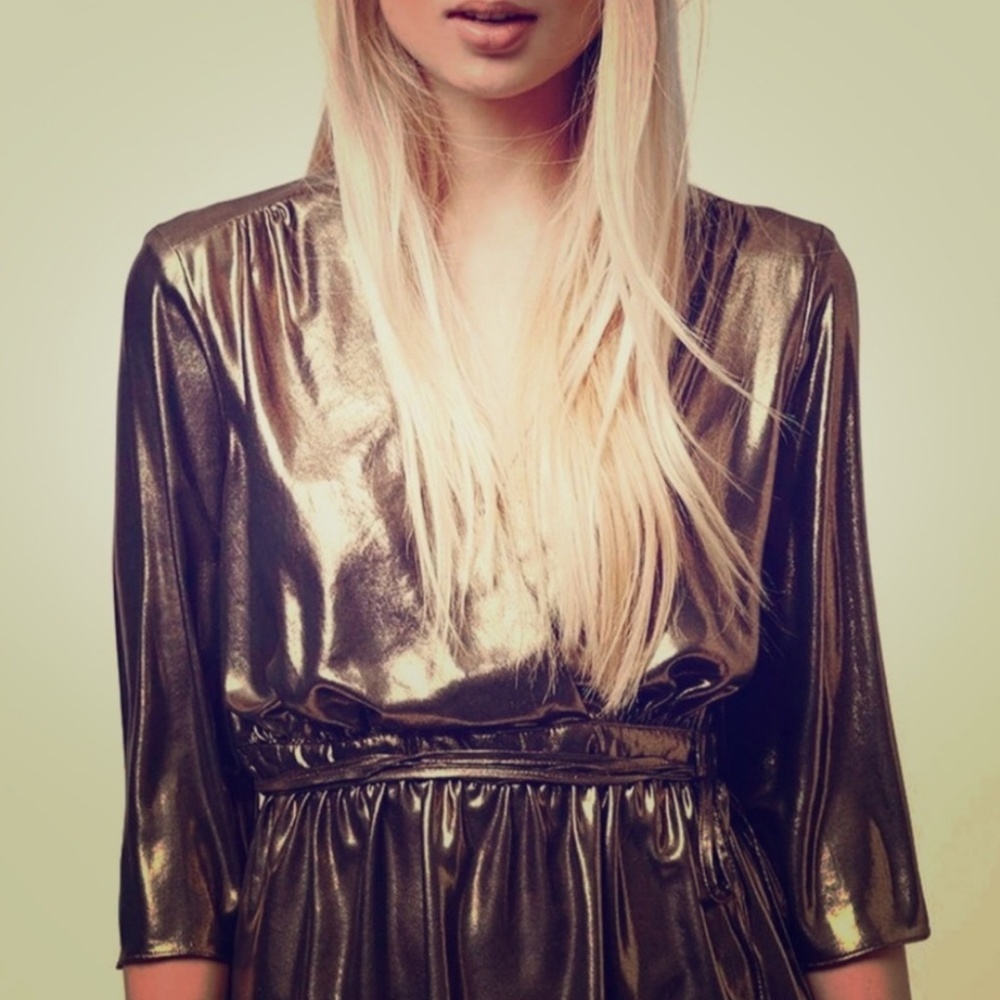 Topshop Wrap Blouse Top Gold Peplum 3/4 Sleeve 8